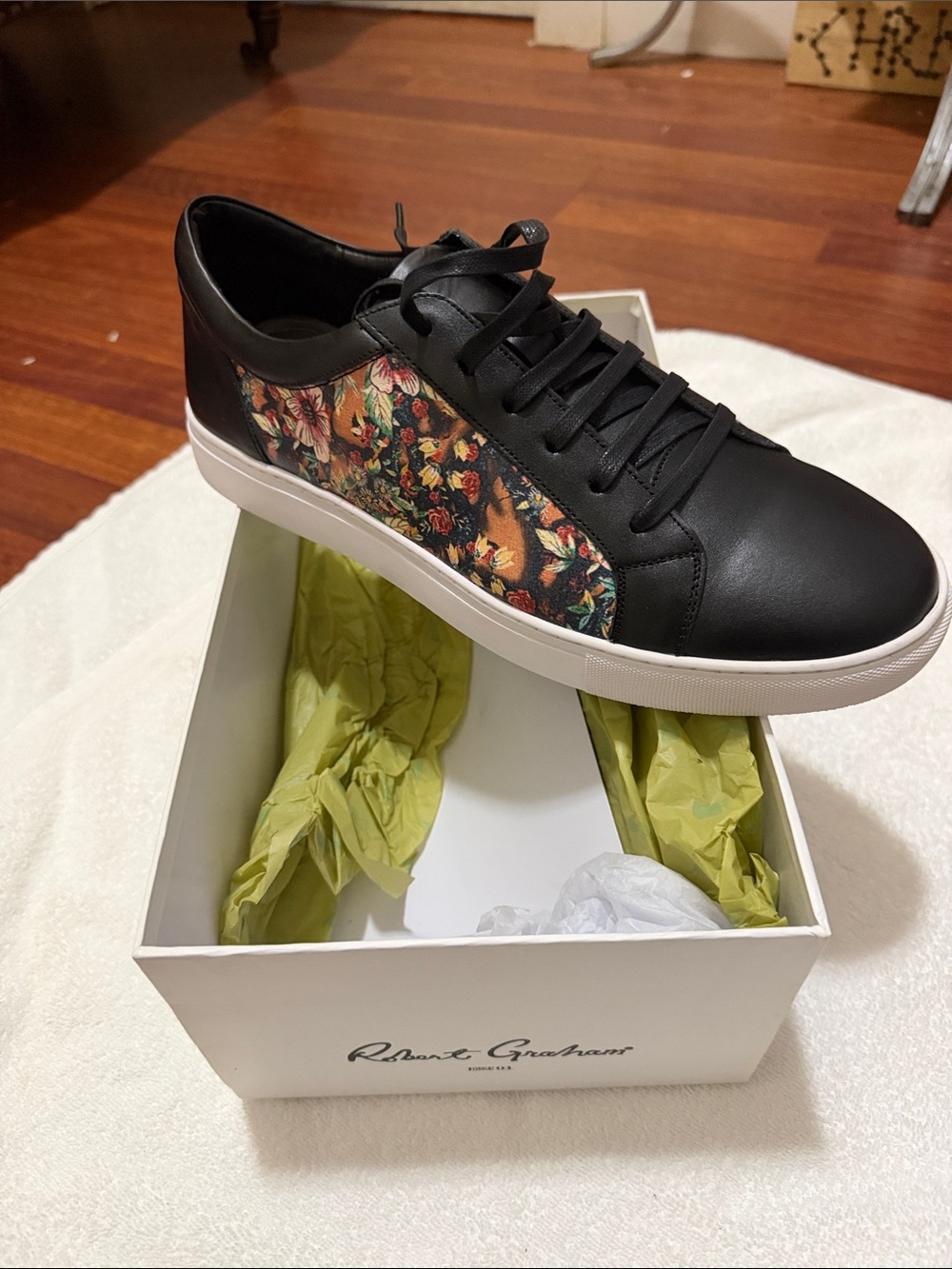 Robert Graham Black Leather Sneaker with Multicolor Floral Panel